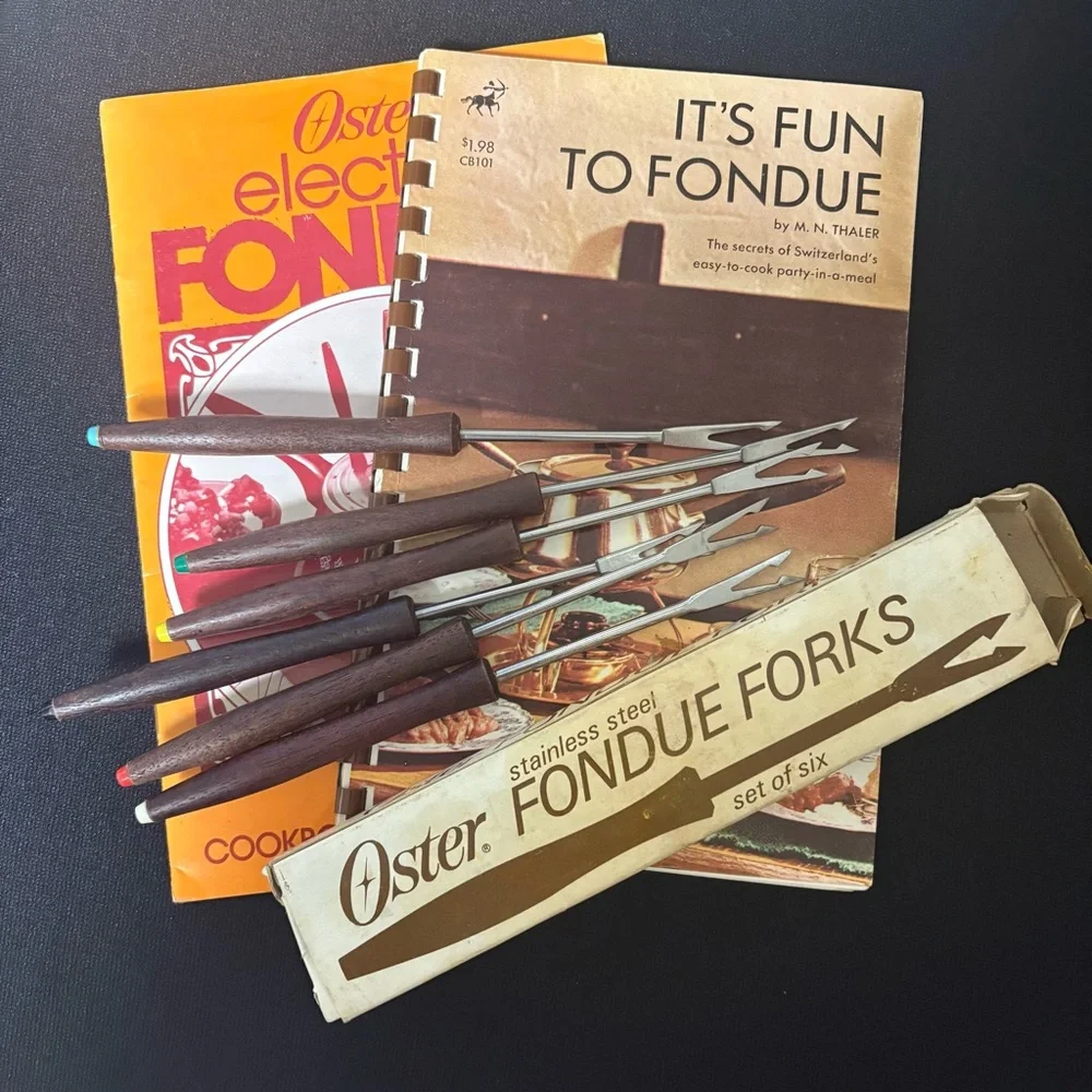 Oster Six Vintage Stainless Steel Fondue Forks & Two Fondue Cookbooks